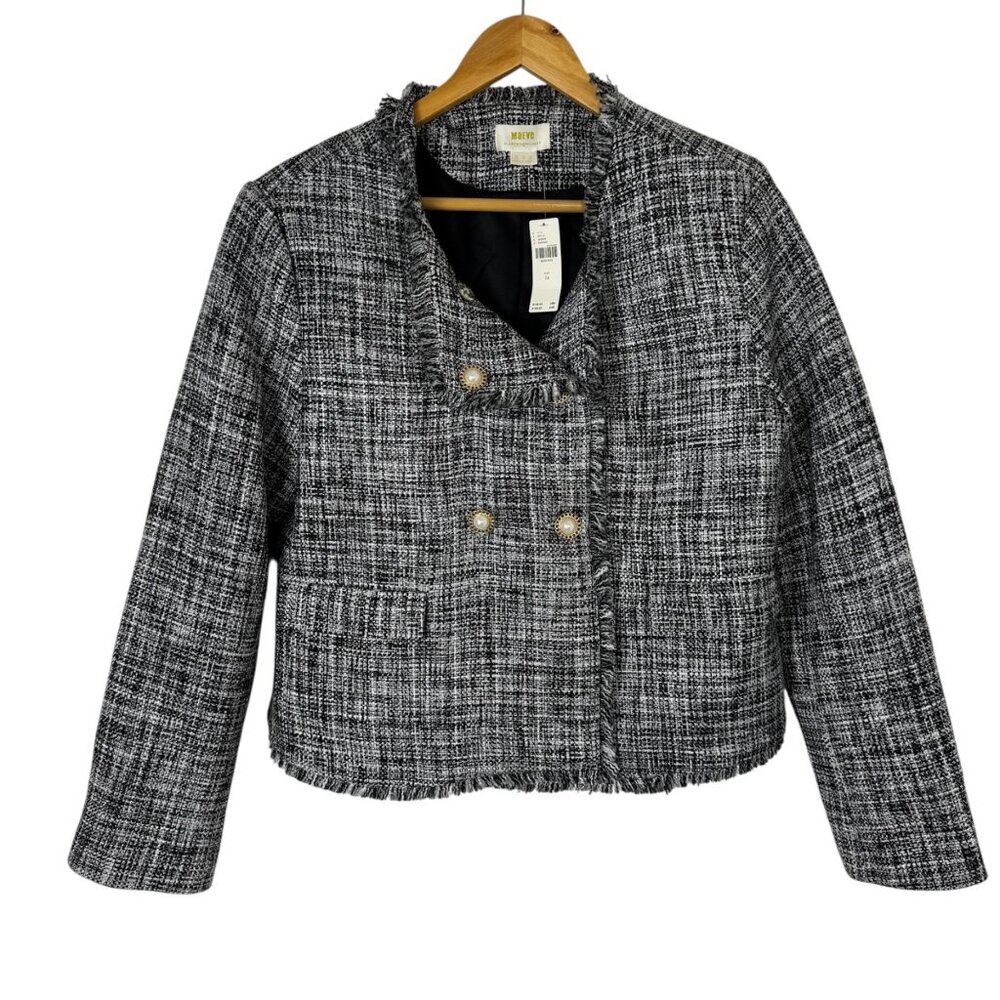 Maeve Anthropologie NEW Tweed Blazer Size 14 Black White Career Double Breasted